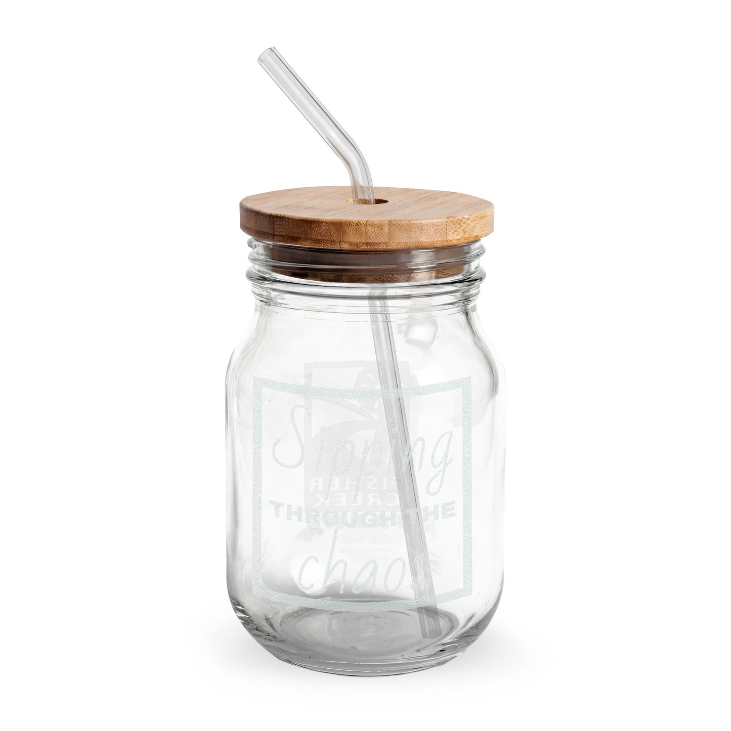 16oz Engraved Glass Sipper with Bamboo Lid & Straw — Personalized Mason-Style Drink Jar