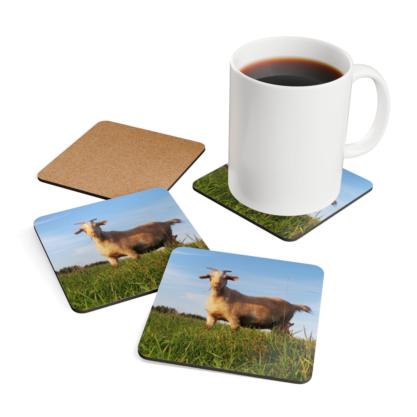 Goat Photo Cork Coaster Set – Humorous Farmhouse Drink Coasters (Square)